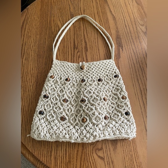 Handmade Boho Crochet Macrame Bag  With Beaded Detail 1970s Hand Bag - Picture 1 of 8